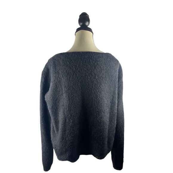Gemo charcoal gray soft fuzzy sweater w gold metallic neck & /sleeve trim sz L - Picture 3 of 8